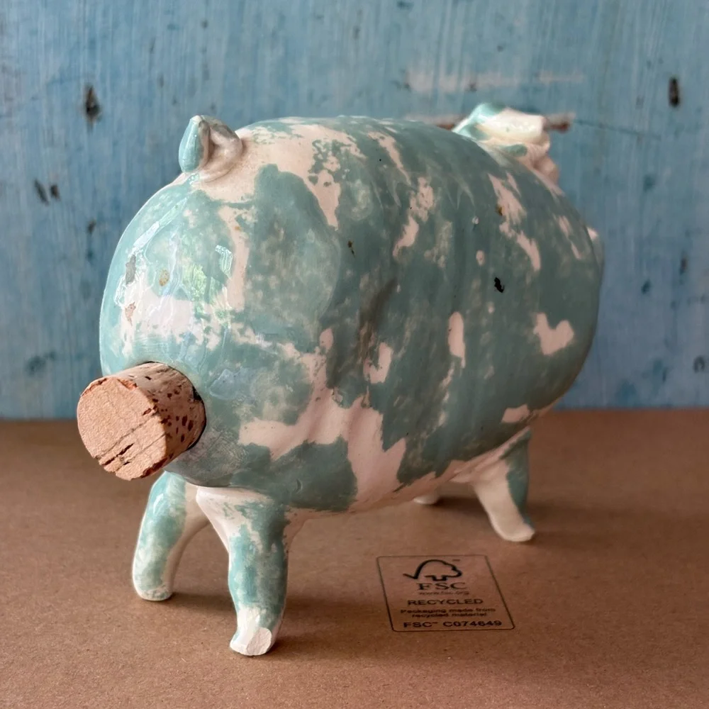 Hand-Crafted Ceramic Piggy Salt Shaker in Green and White - Picture 4 of 8